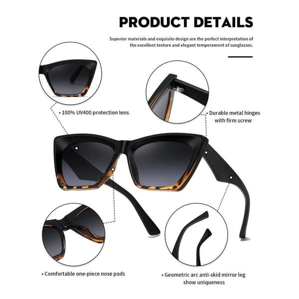 Cateye-solbriller til kvinder Firkantede solbriller LEOPARD-SORT GRÅ Leopard-Black Gray