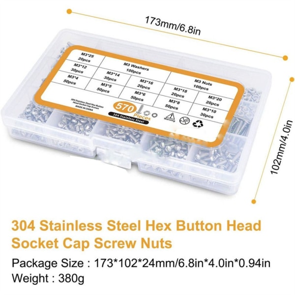 570 STK Hex Socket Cap Bolts Button Head Skruer Rustfritt stål