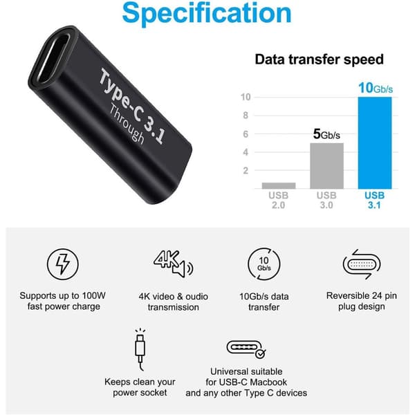 5 kpl C-tyypin 3.1-sovittimen USB-C-muunnin 10 Gbps 5PCS