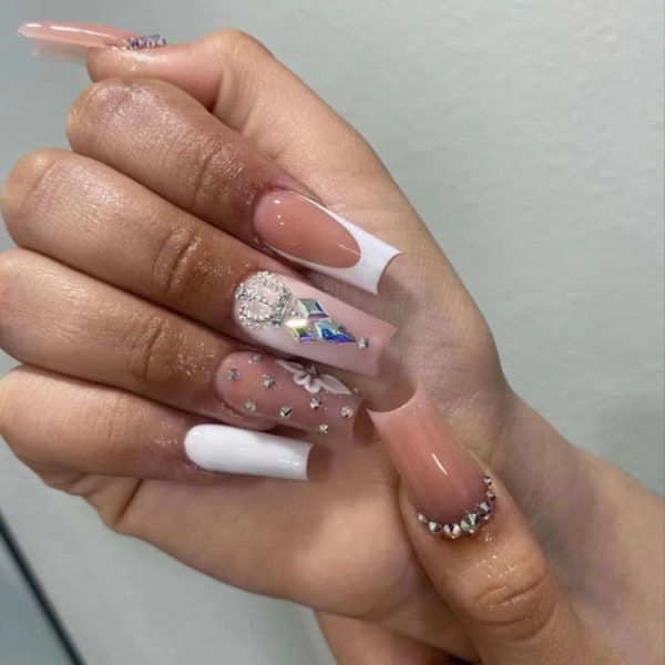 24 kpl Fake Nails Long French Ballerina