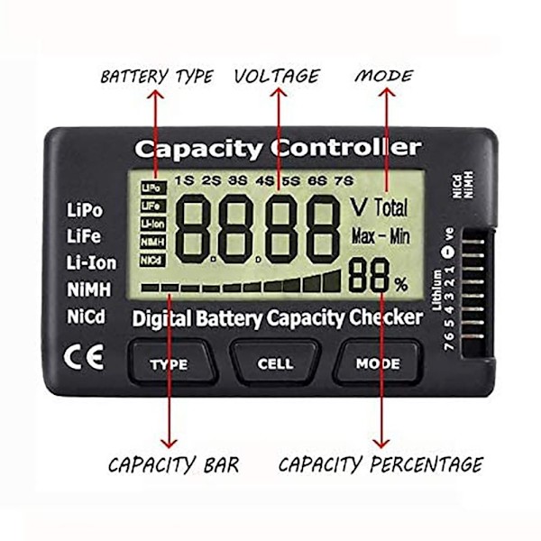 7 Digital batterispændingstester Kapacitetscontrollertest Black
