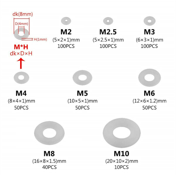 500 stk Nylonskiver Plastskiver Flade skiver Sortimentssæt