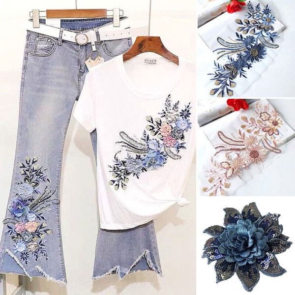 Mesh Broderi Blomma Spets Patch Paljett Broderad Patch CC C