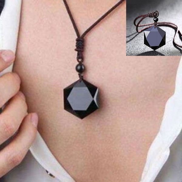 Svart obsidian sten hexagram form hänge halsband