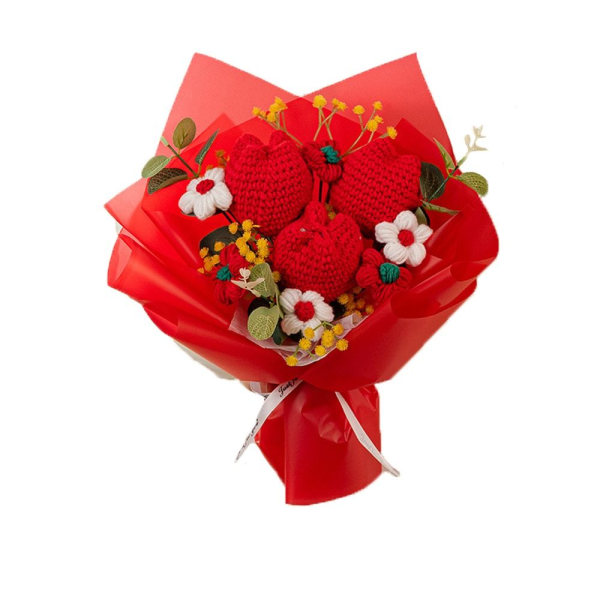 Strikket blomstergarn buket RØD red