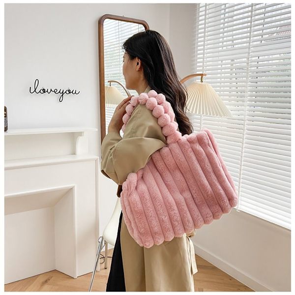 Bløde plys håndtasker imiteret pels ensfarvet shopper tasker BEIGE Beige