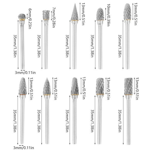 10 stk Elektrisk freser Slipehode Roterende Burr Carving 10Pcs