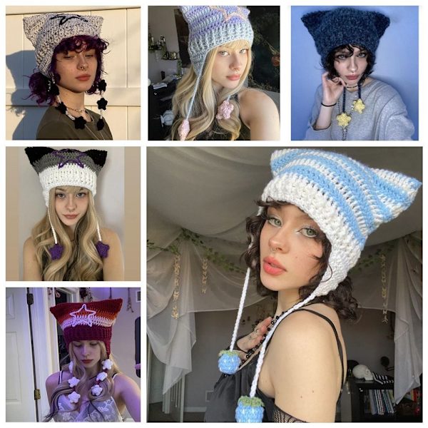 Cat Ear Hairball Beanies Hat Stripe Stickad Cat Ear Hairball Style 2
