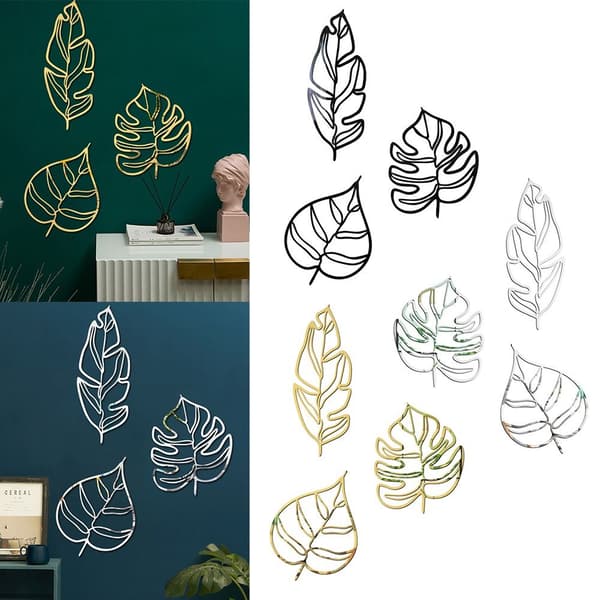 3ST/ Set Wall Stickers 3D Hollow Line Leaf SILVER silver