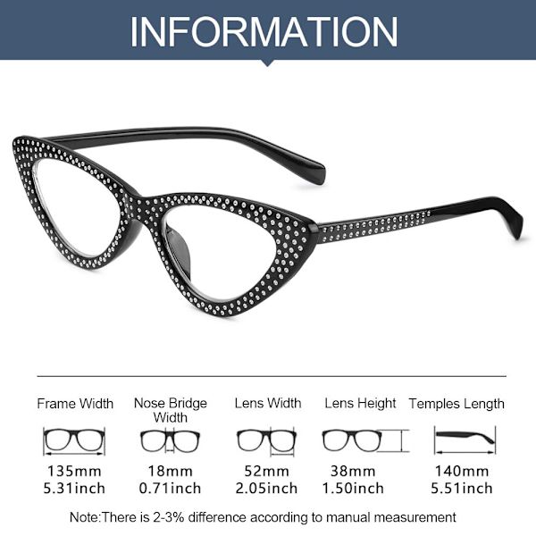 Cat Eye Läsglasögon Diamond Presbyopic Glasögon SVART black Strength+300-Strength+300
