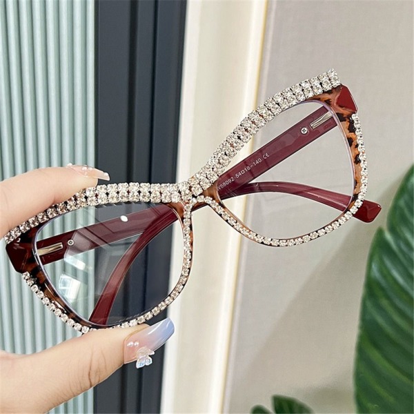 Rhinestone Cat Eye Briller Damebrillestel LEOPARD-BLÅ Leopard-Blue