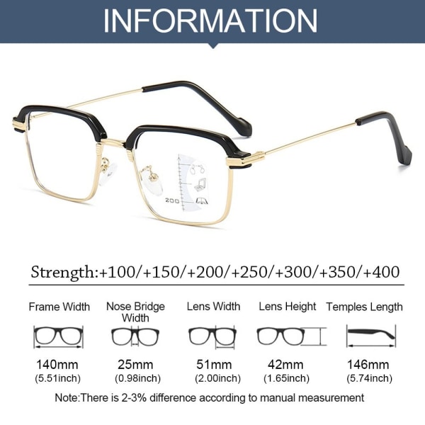 Anti-blåt lys læsebriller Firkantede briller GULD STYRKE Gold Strength 300
