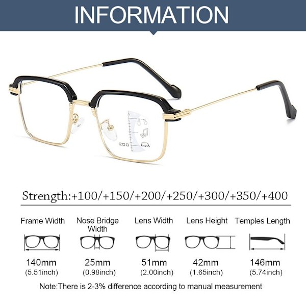 Anti-blått lys lesebriller Firkantede briller GULL STYRKE Gold Strength 300