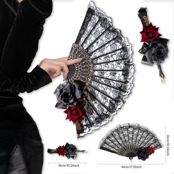 2st Rose Hand Fan Lace Vintage Fan Folding Fans Black White 2pcs-2pcs