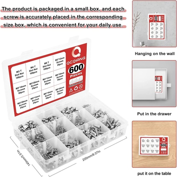 600 stk Fastener Glidemøtrik M3 M4 M5 T-Nuts