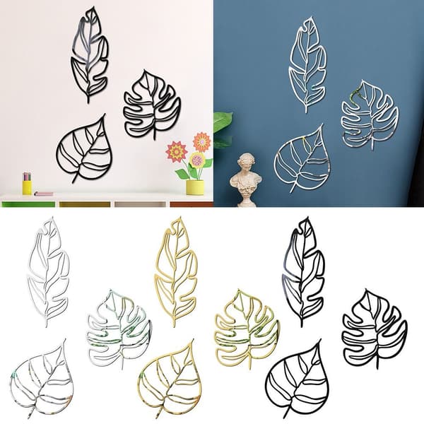 3ST/ Set Wall Stickers 3D Hollow Line Leaf SILVER silver