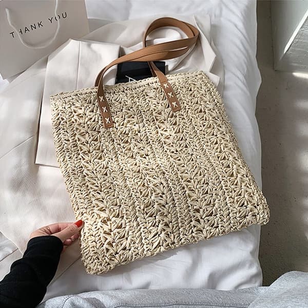 Straw Beach Bag Handgjord vävd GRÅ grey