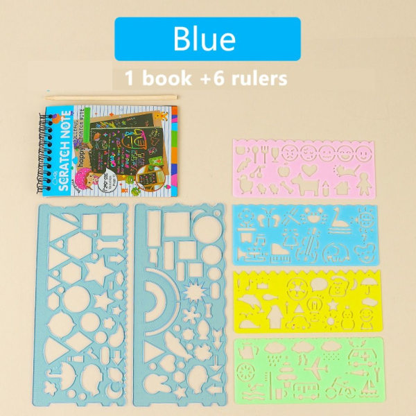 Scratch Paper Art Rainbow Scratch Muistikirja SININEN 6 VIIVOILLA Blue With 6 rulers-With 6 rulers