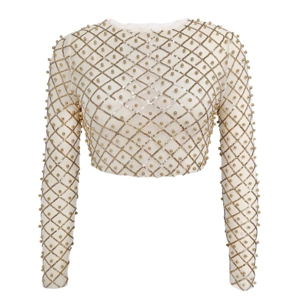 Sexy Crop Topper for kvinner Mesh Pearl Topper GOLD S S Gold S-S