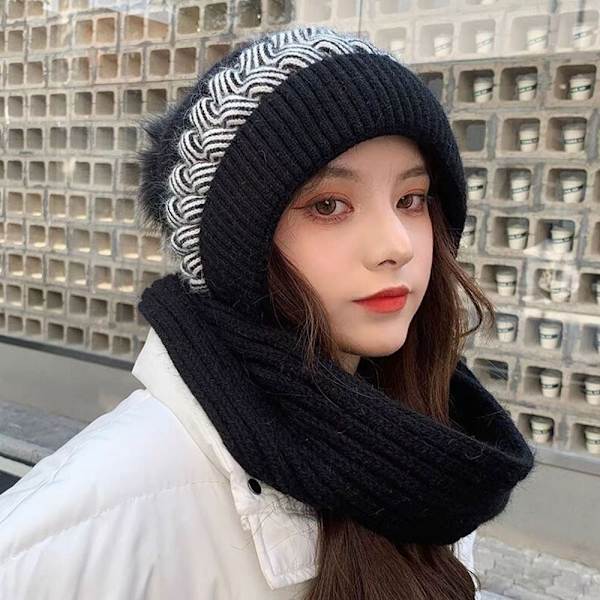 Integreret Cap Tørklæde Beanie Hat Tørklæde SORT Black