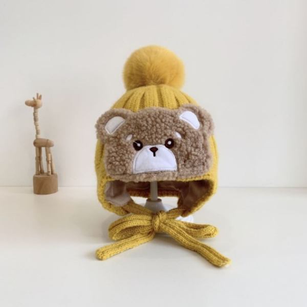 Stor Pompom Baby Vinter Varm Hat Cartoon Bear Tjockt öra Beige