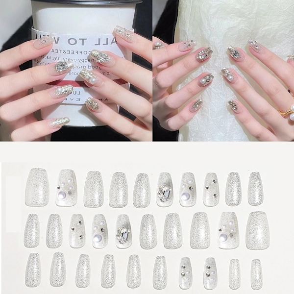 30 stk/eske Lett Luksus Falsk Nail Big Pearl Diamond Fake Nail