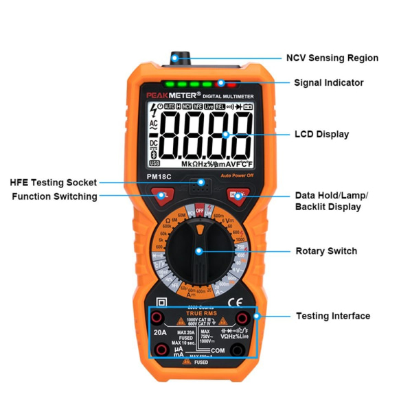 Digital Smart Multimeter Transistor Testere 6000 teller sann RMS