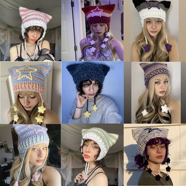 Cat Ear Hairball Beanies Hat Stripe Stickad Cat Ear Hairball Style 8