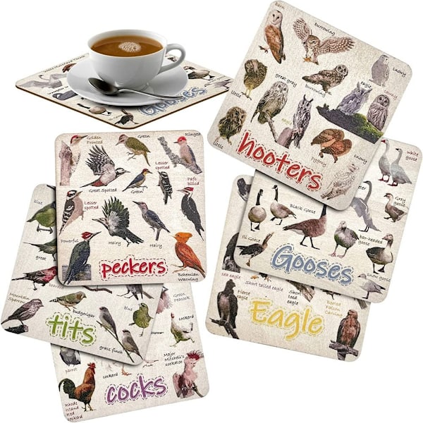 6 set Bird Pun -lasinaluset Hauskat puiset lasinaluset juomille Wooden
