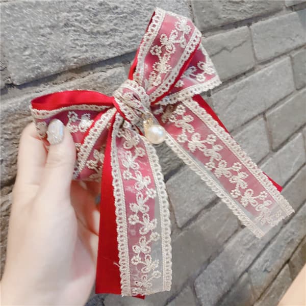 2 STK Big Bow Spring Clip Broderi Hår Clip RØD Red