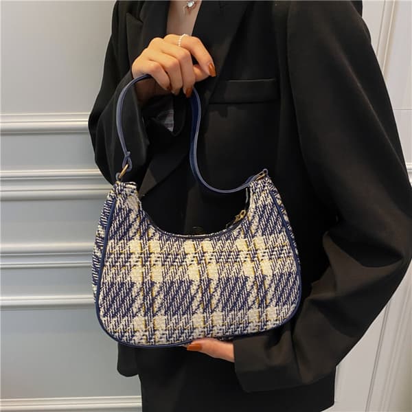 Plaid Canvas Dametaske Moon Shape Skuldertaske SORT SORT Black