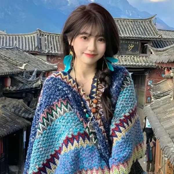 Mongolisk Poncho Cardigan Tofs Sjal GRÅ grey