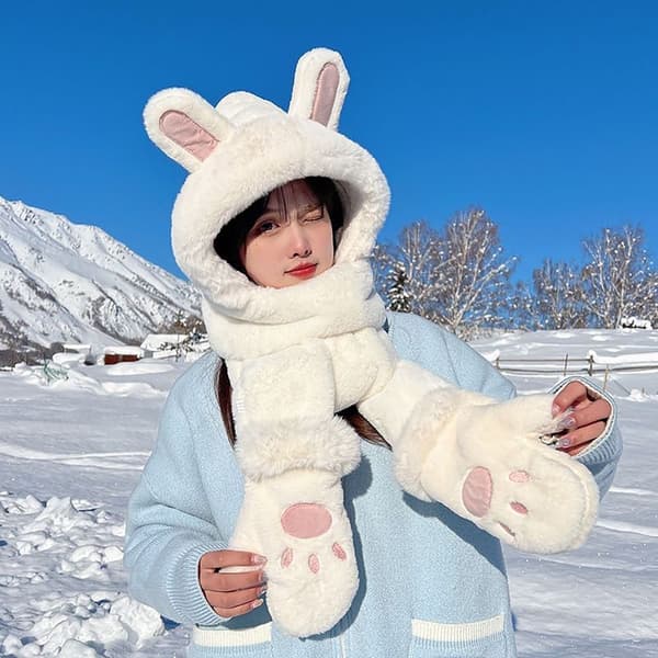 Mössa Scarf Handskar Set Öronskydd Mössa VIT WHITE