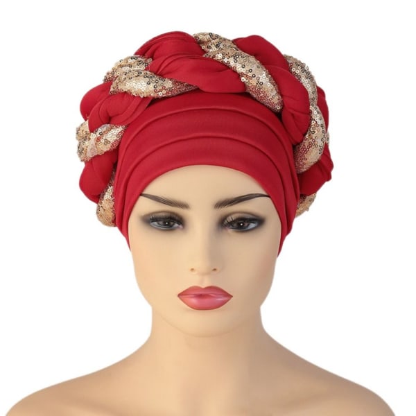 Turban Cap Paljett Fläta Mössa RÖD Red