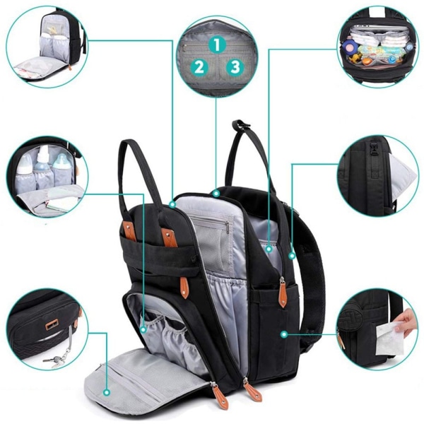 Pusletaske rygsæk med bærbart puslepude til mødre og fædre dark grey
