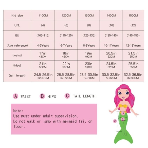 3 stk Kids Mermaid Tail Bikini Sett B-130CM B-130CM B-130CM