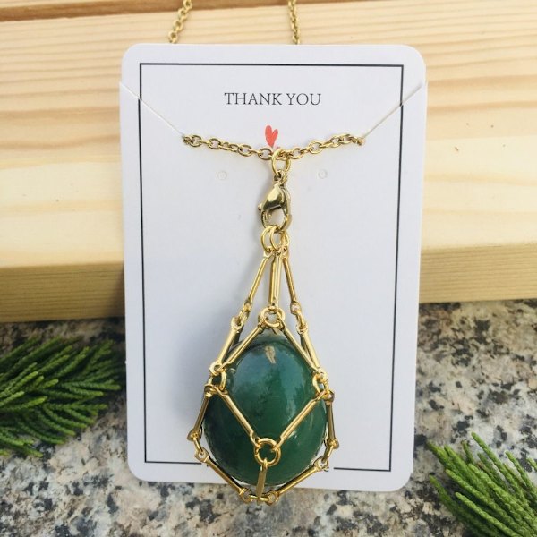 Crystal Holder Cage Necklace Crystal Net Metal Halsband GULD Gold Green Aventurine-Green Aventurine