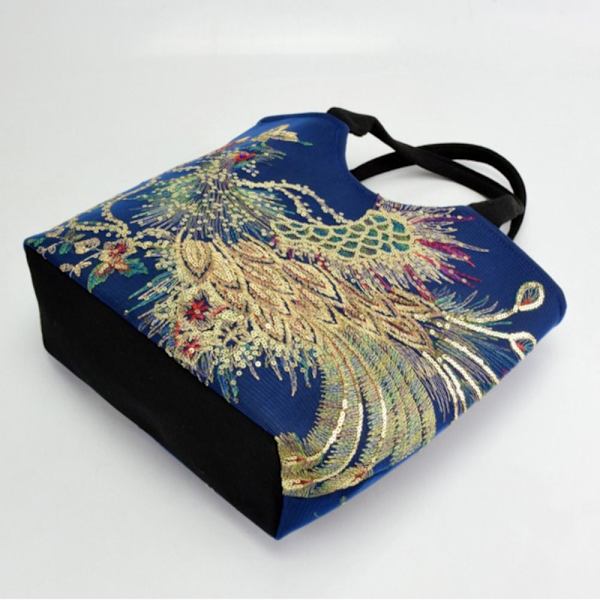 Peacock Broderet Tote Bag Lærred Håndtaske SORT NORMAL black normal version-normal version
