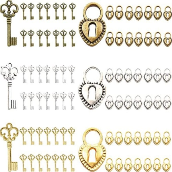 90 kpl Keys Charm Key Heart Lock Charm Set Royal Key Padlock