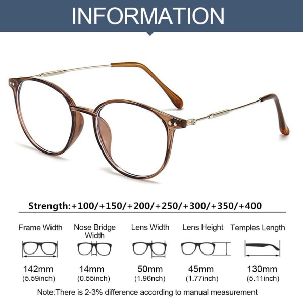Anti-blåt lys læsebriller Runde briller BRUN STYRKE brown Strength 100