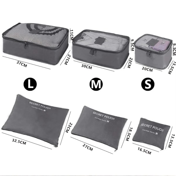 6 kpl Säilytyslaukut Matkalaukku Set HARMAA grey