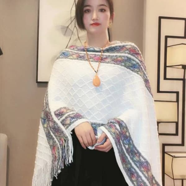 Mongolsk Poncho Rombe Stribe Kvast Sjal SORT black