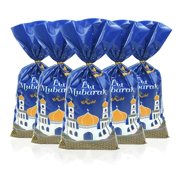 50 stk Eid Mubarak Gaveposer Plastpose BLÅ