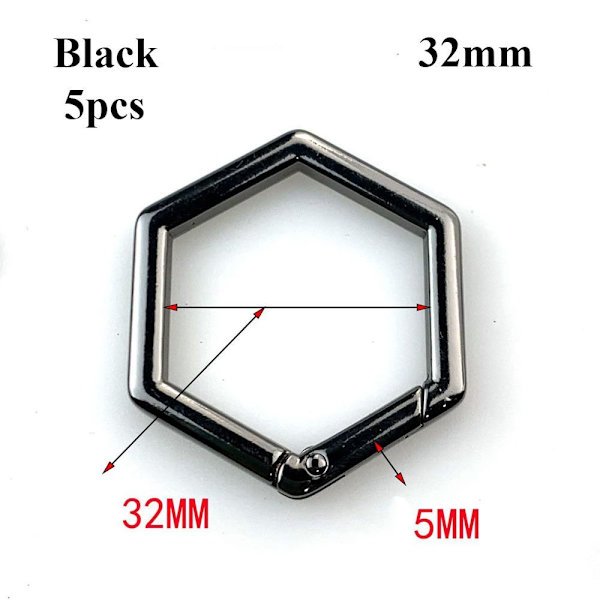 5stk Fjær Hexagon-Ring Spenner Karabin SORT 25MM Black 25mm