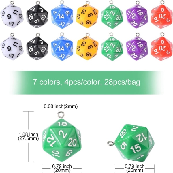 28 stk 7 farger akryl 3D 20-sidig fasettert spill polyhedral