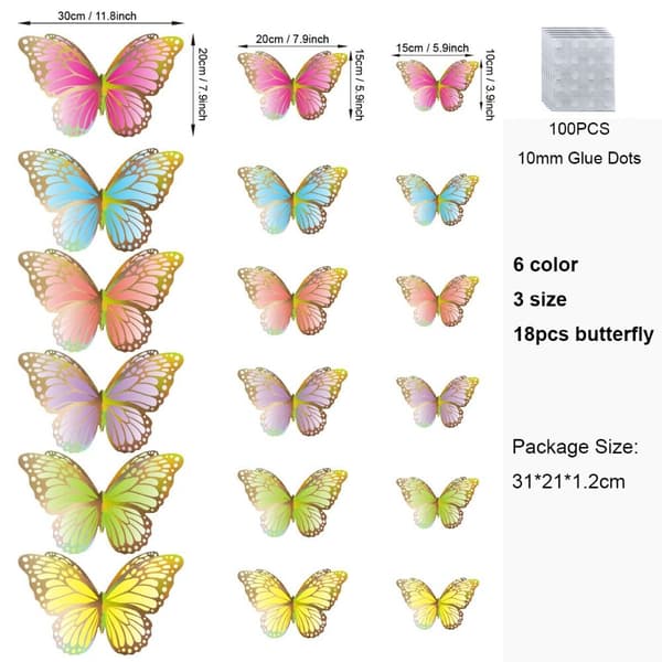 18 KPL 3D-perhostarrat Ontot perhoset Tarrat RAINBOW rainbow silver