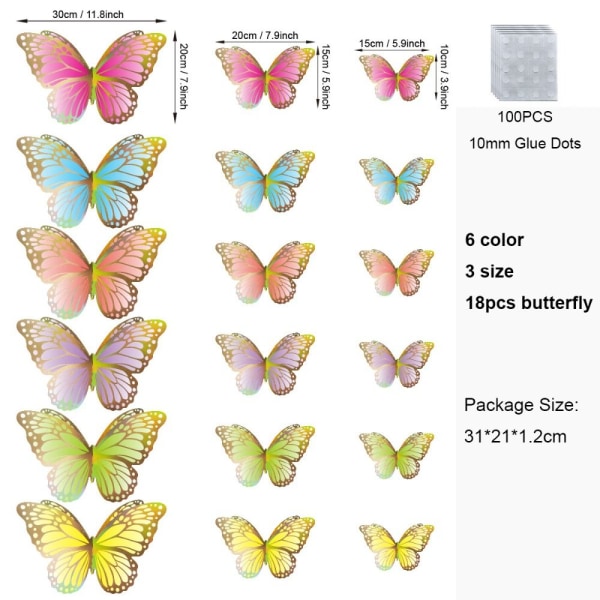 18 STK 3D sommerfugl klistremerker Hule sommerfugler dekaler RAINBOW rainbow silver