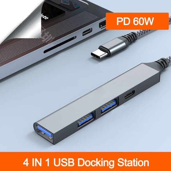 4 Portar Typ-C HUB USB 3.0 Expander Splitter PD 60W silver