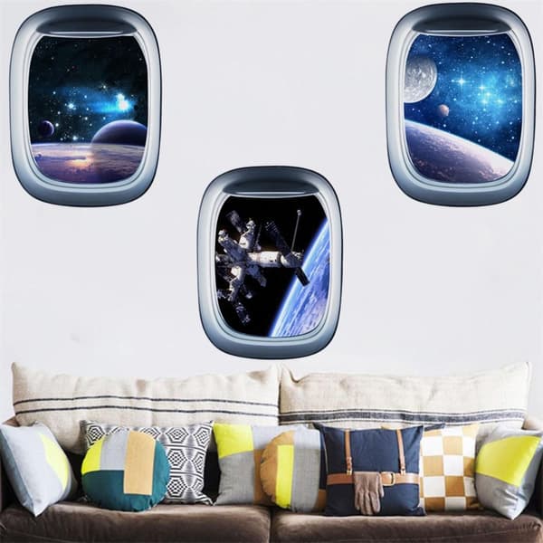3D Space Astronaut Window Wall Sticker Galaxy and Planet