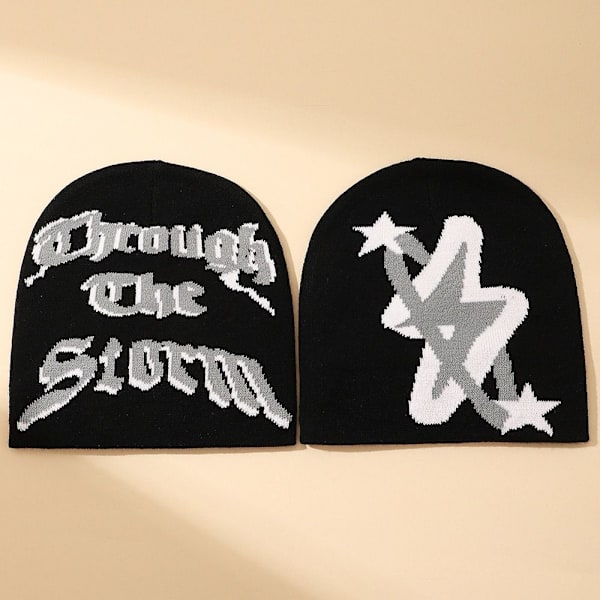 Strikkehette Lue Beanie Bonnet SVART&GRÅ black&grey
